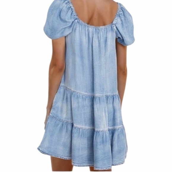 MUSTARD SEED Square Neck Puff Sleeve Denim Dress Acid Wash Mini Dress Large VGC - Picture 2 of 6